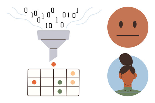 Artificial intelligence, machine learning, data processing, emotion recognition, predictive analytics, technology applications. Binary code flows through a funnel to a categorization grid. Artificial