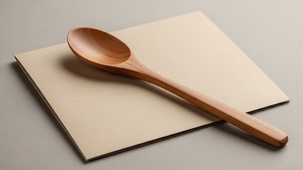 Wooden spoon laying on a blank cardboard, simple rustic kitchen scene