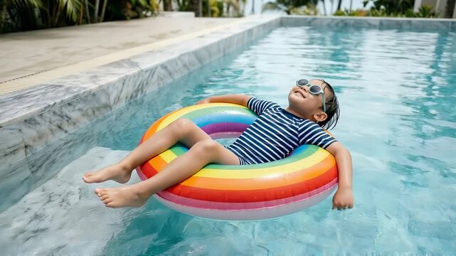 Boy Relaxing in Rainbow Pool Float