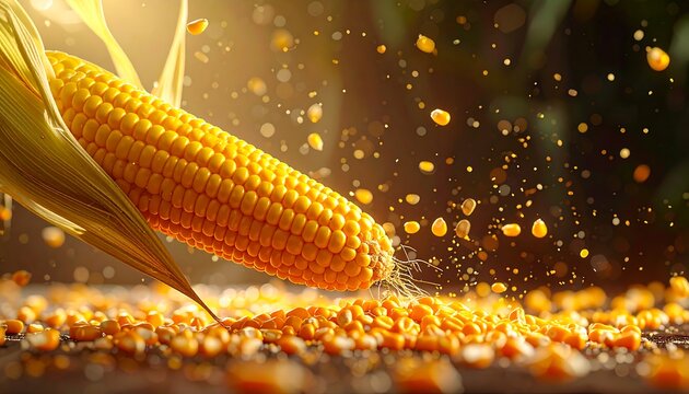 Close-up of ripe corn cob with scattered kernels and leaves, golden light