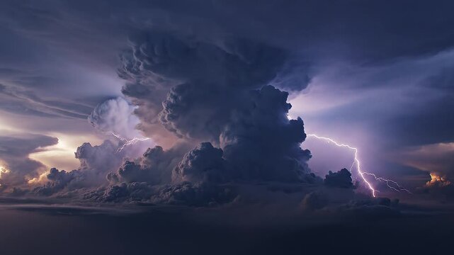 Vast turbulent sky filled with layered cumulonimbus clouds and subtle lightning for dramatic storm visuals