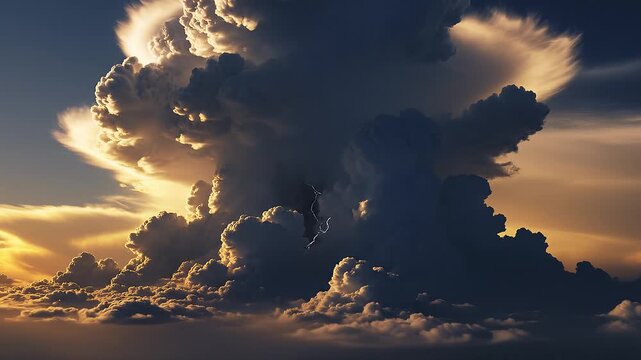 Golden rim light outlining massive cumulonimbus with subtle lightning for dramatic storm sky visuals