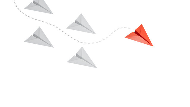 group of blue paper planes are sailing in one direction, one red is sailing in the opposite direction. The concept of an extraordinary personality