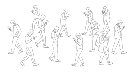 Fototapeta premium People walking while using smartphones, engrossed in their mobile devices.
