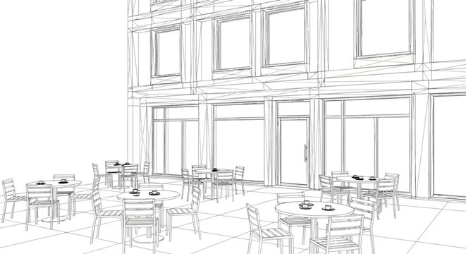 Outdoor cafe seating area with tables and chairs in a minimalist line art style.