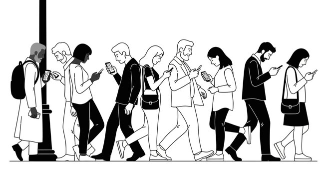 People walking while engrossed in their mobile phones.