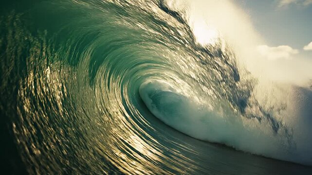 Elegant wave curling with translucent emerald water and perfect light for premium coastal branding visuals