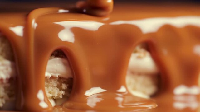 smooth caramel sauce pouring over soft cake layers with creamy filling, glossy texture and rich dessert detail in macro close-up, indulgent bakery concept