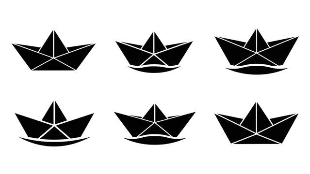 Origami Paper Boats Set, Floating on Water Waves, Simple Black Icons