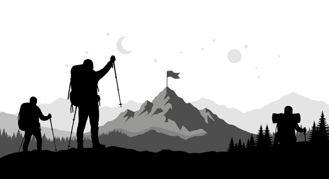 Silhouetted hikers reach mountain summit with flag on cloudy sky background
