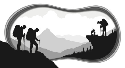 Obraz premium Silhouetted hikers with backpacks exploring mountain scenery and campfire
