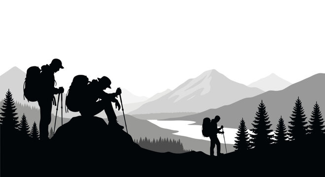 Silhouetted hikers with backpacks and hiking poles against mountain backdrop