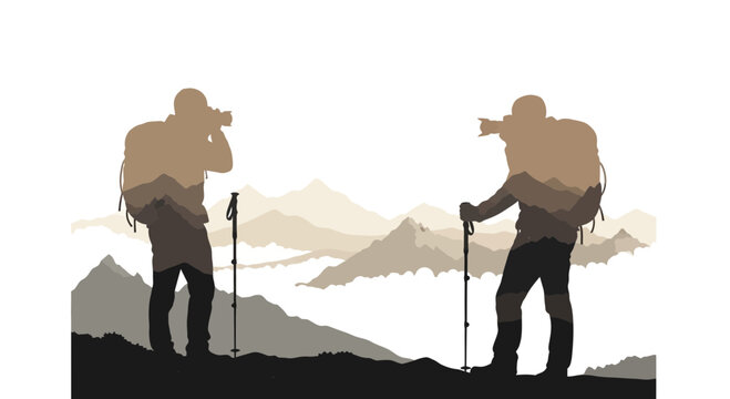 Silhouetted hikers with backpacks and cameras in front of mountain range