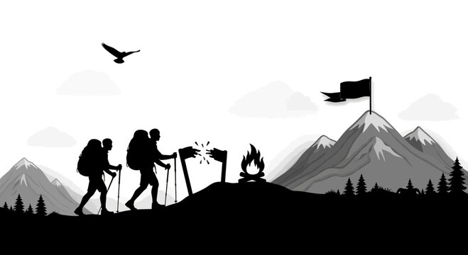 Silhouetted hikers with backpacks reach mountain peak with flag and campfire
