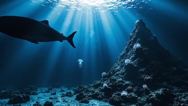 Mysterious deep ocean abyss with faint light filtering from above in cinematic underwater atmospheric grandeur