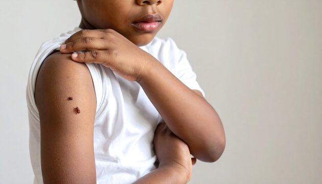 A child with a white tank top and a mole on their arm