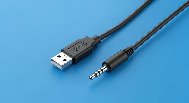 Black U S B to 3.5mm Audio Cable on Blue Background 1