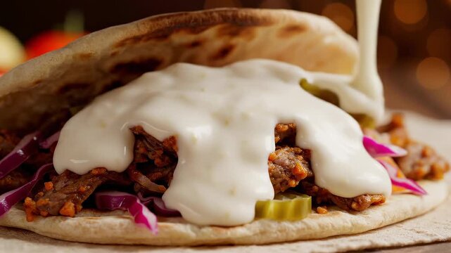 juicy doner kebab in flatbread topped with fresh vegetables and creamy sauce pouring over meat, close-up street food scene with rich texture and appetizing detail