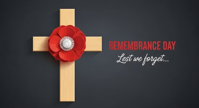 Remembrance Day cross with red poppy flower, lest we forget tribute background, memorial and sacrifice concept design