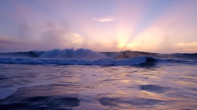Soft diffused light on endless rolling waves at dawn with delicate mist for seascapes