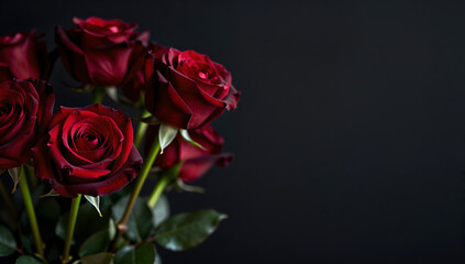 Fototapeta premium Crimson Rose Bouquet: An elegant display of vibrant, deep red roses against a dark backdrop.