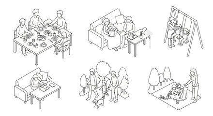 Obraz premium Isometric line art illustrations depicting various family activities and daily life scenes.