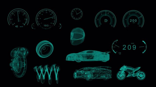 Futuristic Automotive Technology UI Pack Animation with Dashboard Gauges, Wireframe Vehicles and Engineering Elements Loop