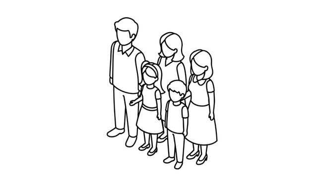 Isometric line art illustration of a family with three children.