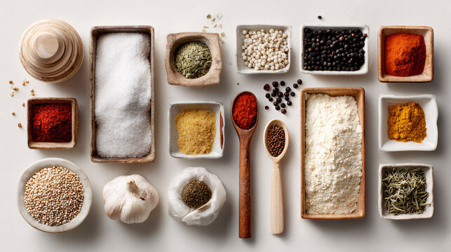 Assorted Spices and Ingredients for Culinary Preparation Arrangement