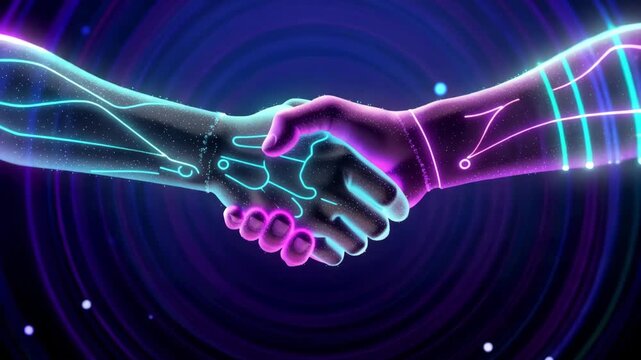 Futuristic digital handshake with glowing lines representing virtual collaboration and technology connection
