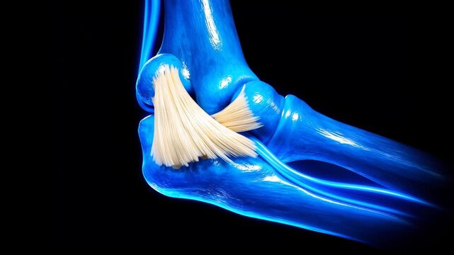 3D medical animation of a rotating human elbow joint. Glowing blue neon humerus, radius, and ulna bones with the ulnar collateral ligament (UCL) highlighted in red.
