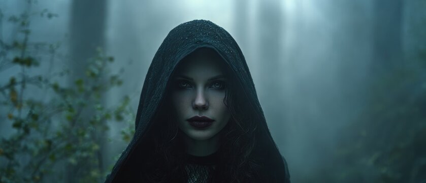 Woman in hooded cloak in forest