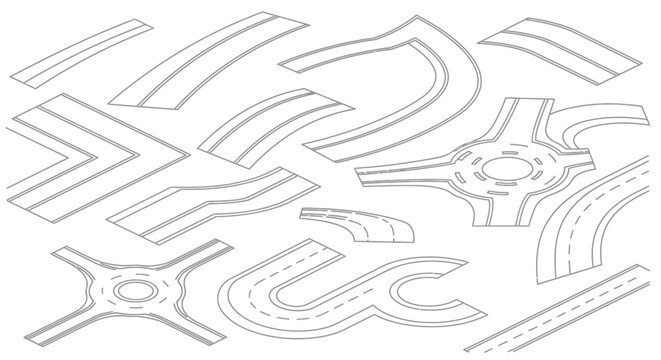 Isometric road elements set for creating city maps and transportation networks.