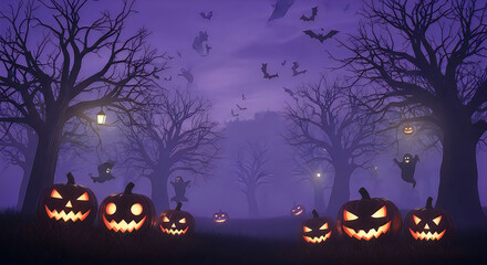 Fototapeta premium Halloween jack o lanterns glowing in a purple forest night