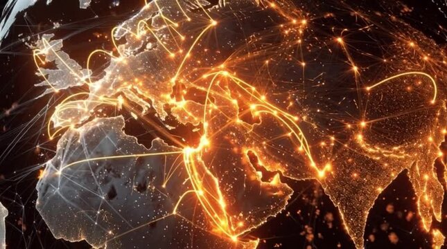 Global interconnectedness represented by glowing light trails connecting cities and continents on a stylized Earth, symbolizing communication and travel networks