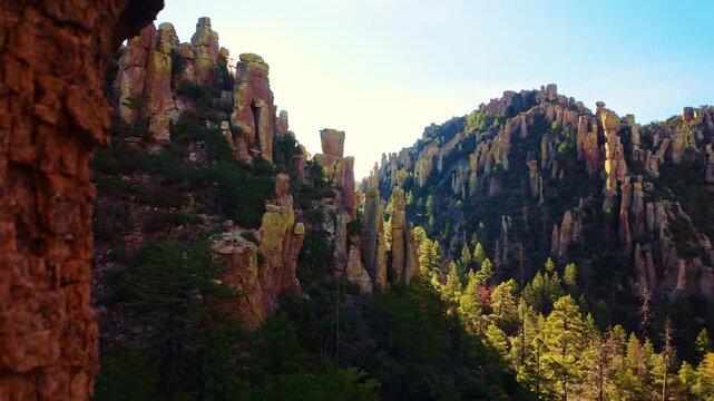 Wide panorama of rhyolite pinnacles balanced rocks and hoodoos along Echo Canyon Trail in Chiricahua National Monument
