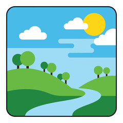 Fototapeta premium Cartoon landscape with green hills trees and winding river under sunny blue sky icon