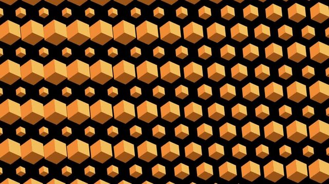 animated background of golden 3d cube rotating scaling randomly in mathematical sinusoidal wave pattern