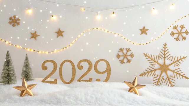 Golden New Year 2029 Celebration with Snowflakes and Twinkling Lights Festive Stock Footage