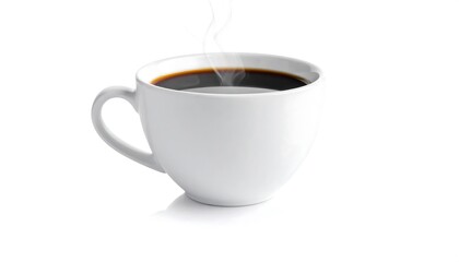Obraz premium A steaming cup of black coffee in a white ceramic mug, isolated on a white background