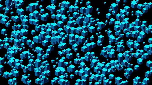 animated background of blue 3d cube zooming scaling randomly in mathematical pattern as particle filling and covering black background