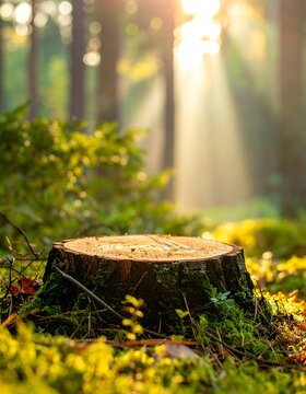 Close-up of tree stump in sunlit forest, with sunlight rays shining through