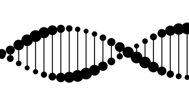 animated flat 2d black dots in line connected, dna double helix strands rotating spinning horizontal