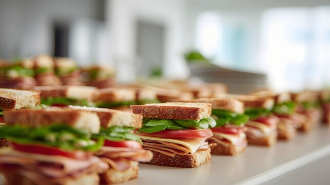 Row of gourmet finger sandwiches arranged on catering table.