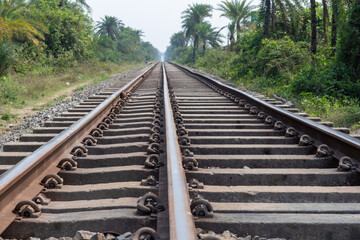 Fototapeta premium Long industrial metal railway tracks stretching toward the horizon through a lush green tropical forest landscape
