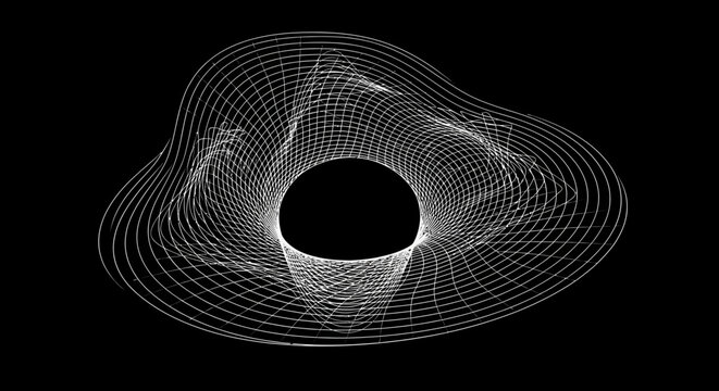 Abstract White Wireframe Torus Shape on Black Background.