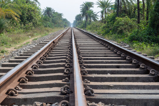 Long industrial metal railway tracks stretching toward the horizon through a lush green tropical forest landscape