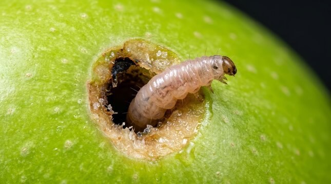 Codling worm/moth larva emerging from green apple macro close up pest damage fruit infestation detail