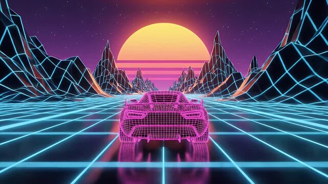 Retro Futuristic Synthwave Car Driving Through Neon Grid Landscape.