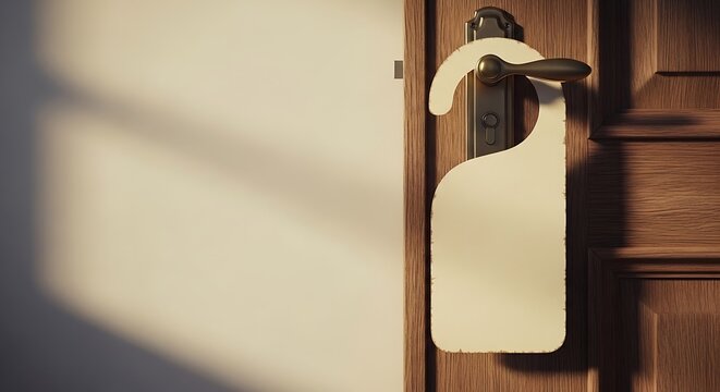 Close-up of a wooden door with a blank do not disturb sign hanging on the handle.